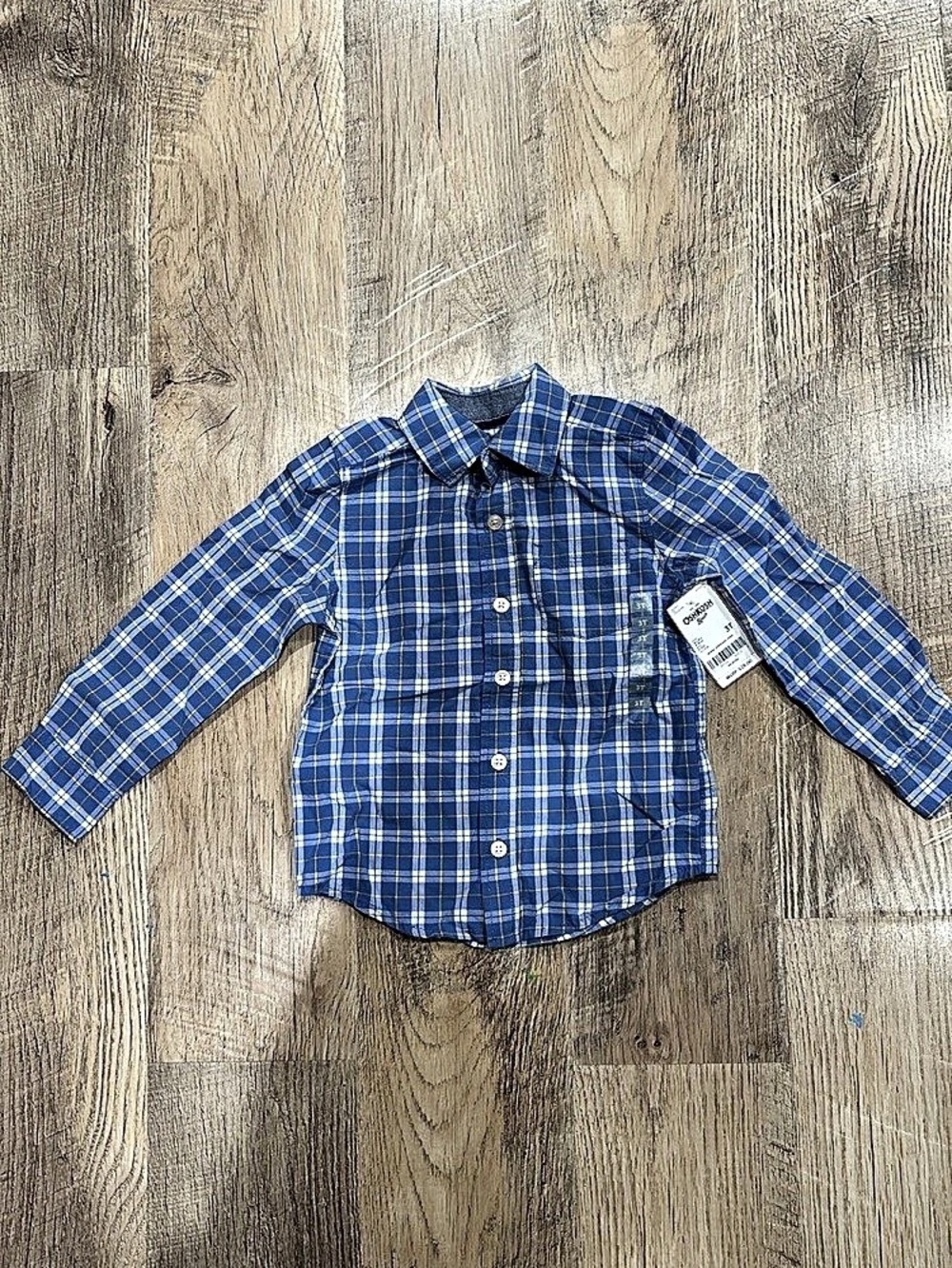 OshKosh B'gosh Boys Plaid Button Down Shirt Blue & White Size 3T NWT